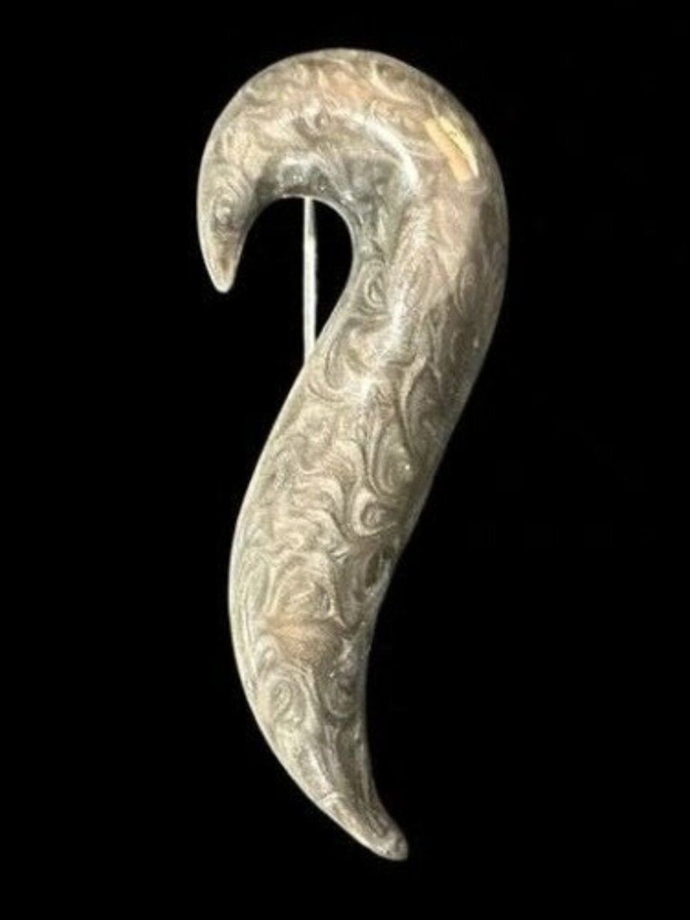 Vintage Enamel Brooch Pin Silver Tone Gray Swirl Pattern Abstract Art 2 Inch